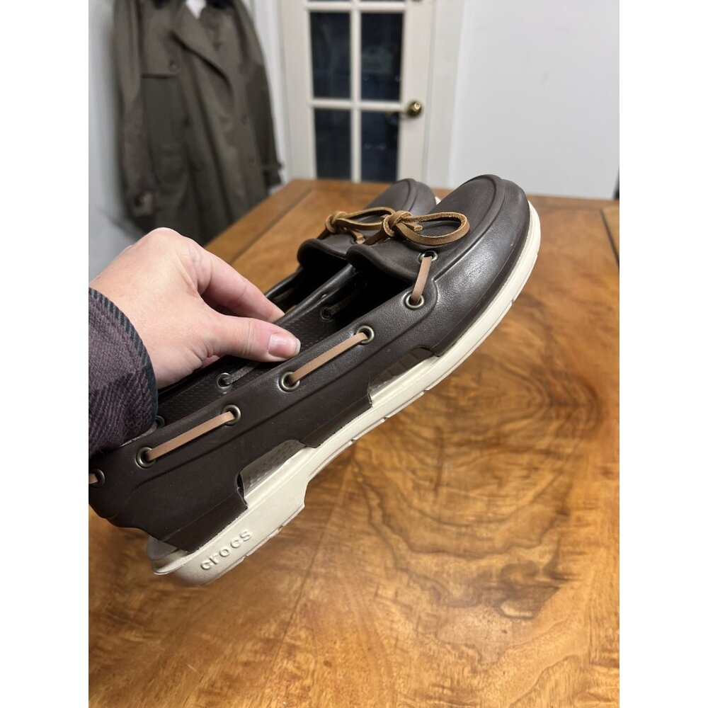 Crocs Beach Line Boat Shoes Women’s 8 Brown Ivory Slip On Nautical Water Loafers - Picture 2 of 9